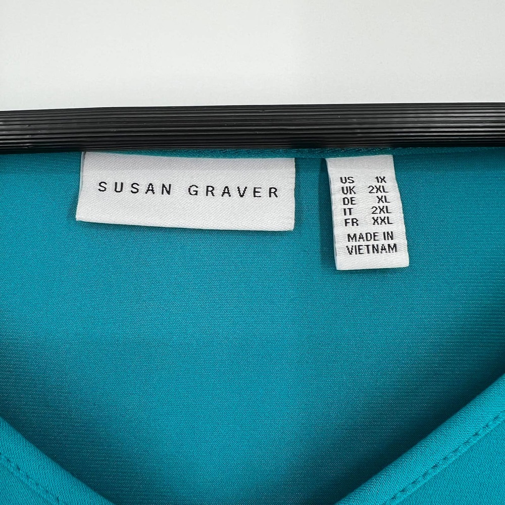 Susan Graver Woman Plus Size 1X Teal Green Stretchy Blouse Shirt Top Business - Picture 2 of 7